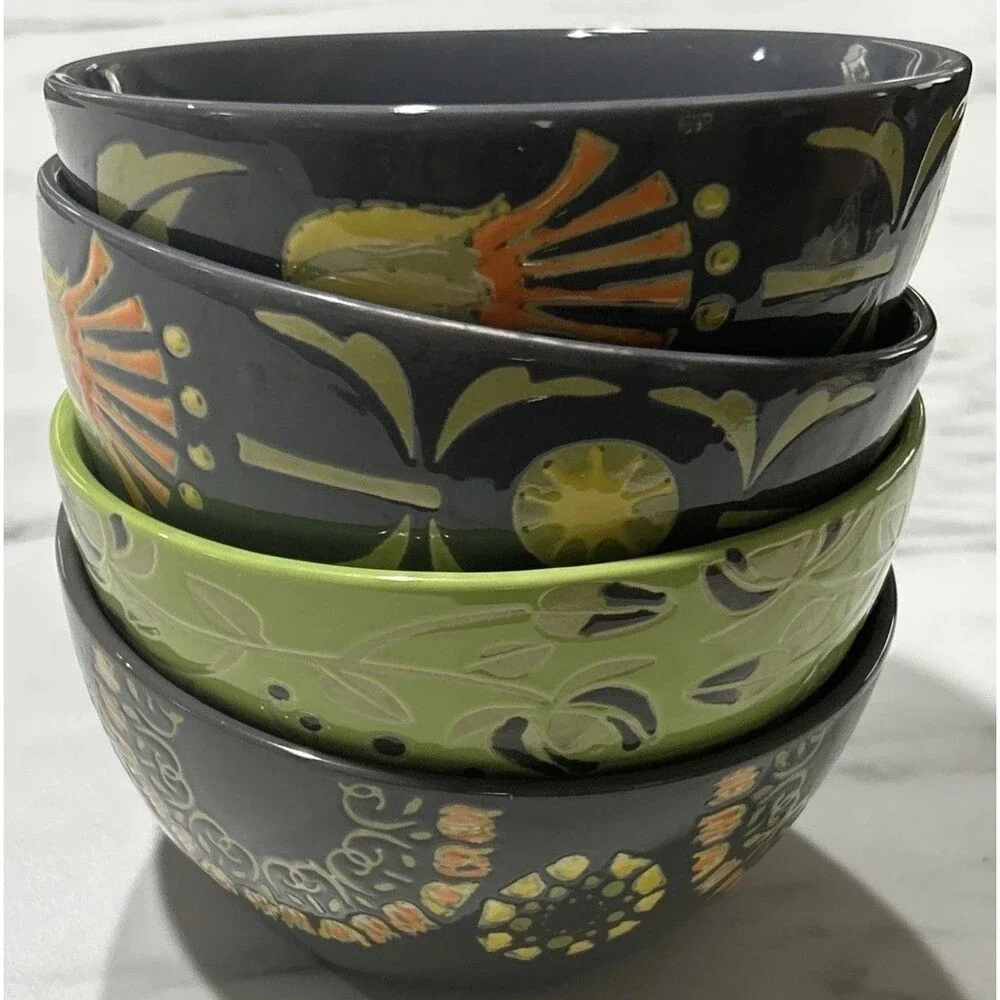 180 Robin Pickens Cereal Bowls Green Floral Textured Set of 4 Mixed Patterns